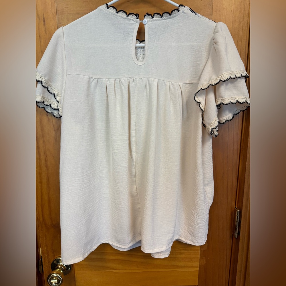 Boho Ruffle Trim Embroider Smocked Top Black Stitching Women’s XL Peasant Blouse - Picture 4 of 6